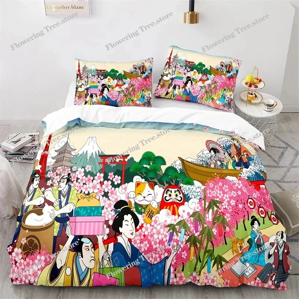 Japanese-Style Bedding Set Ukiyo-e Theme Comforter Cover Sea Wave Red Sun Pattern Decor Duvet Cover for Kids Teen King Full Size