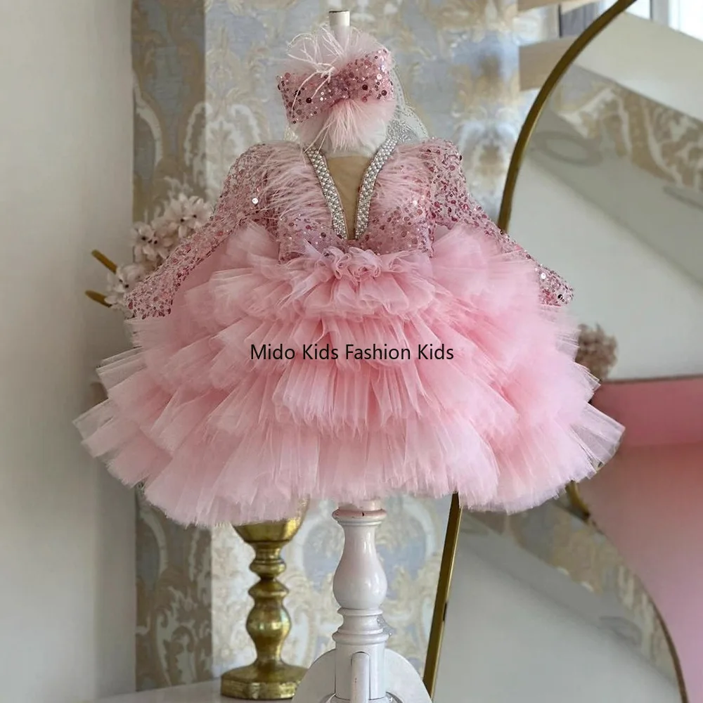 

110-150cm Princess Dress for Girls Stylish V-Neck Long-Sleeved Children's Dress for Piano Recitals and Fashion Shows