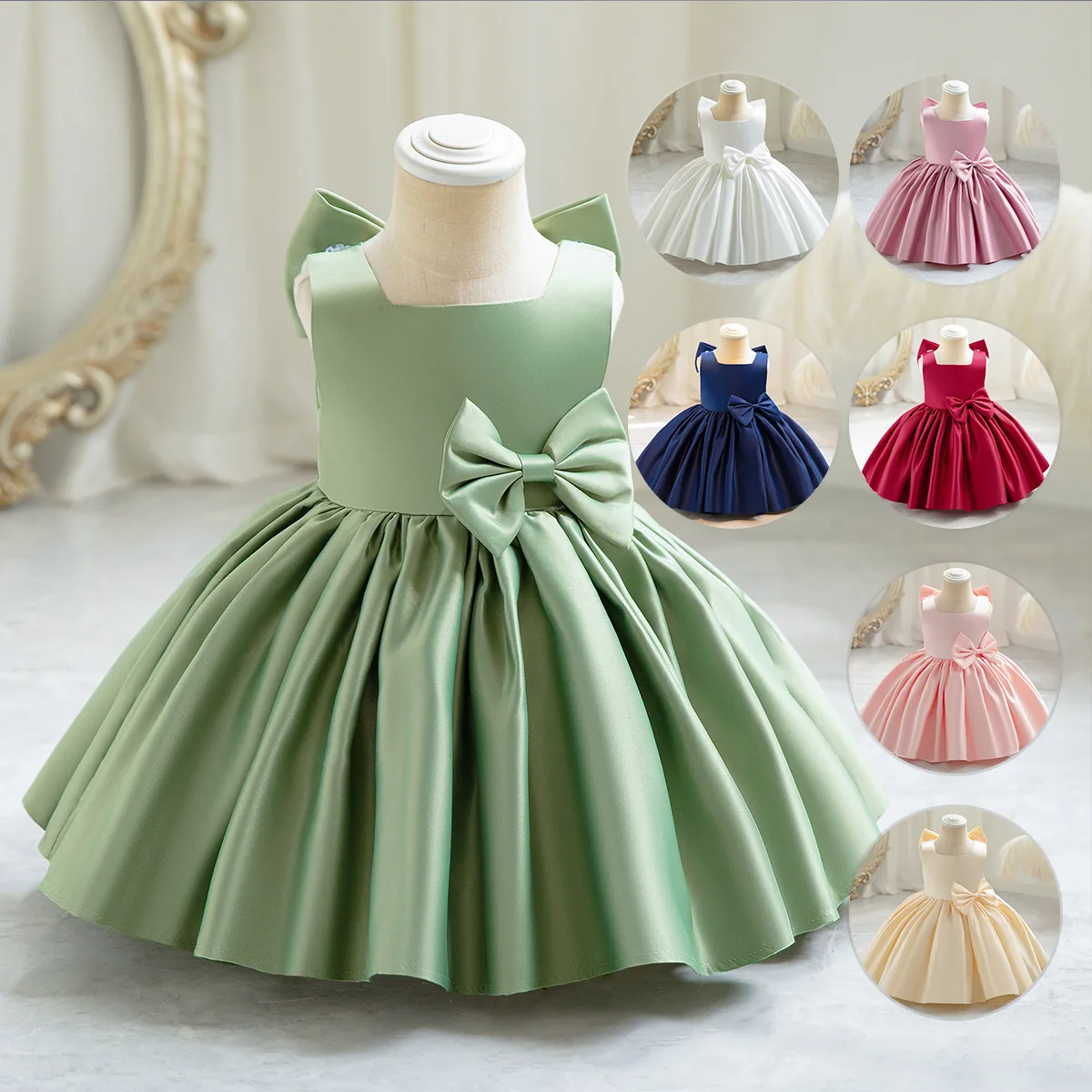 Cute Girls' Dress Children's Princess Dress Pompadour Dress Bow Flower Child Dresses One Year Old Little Girl Costume