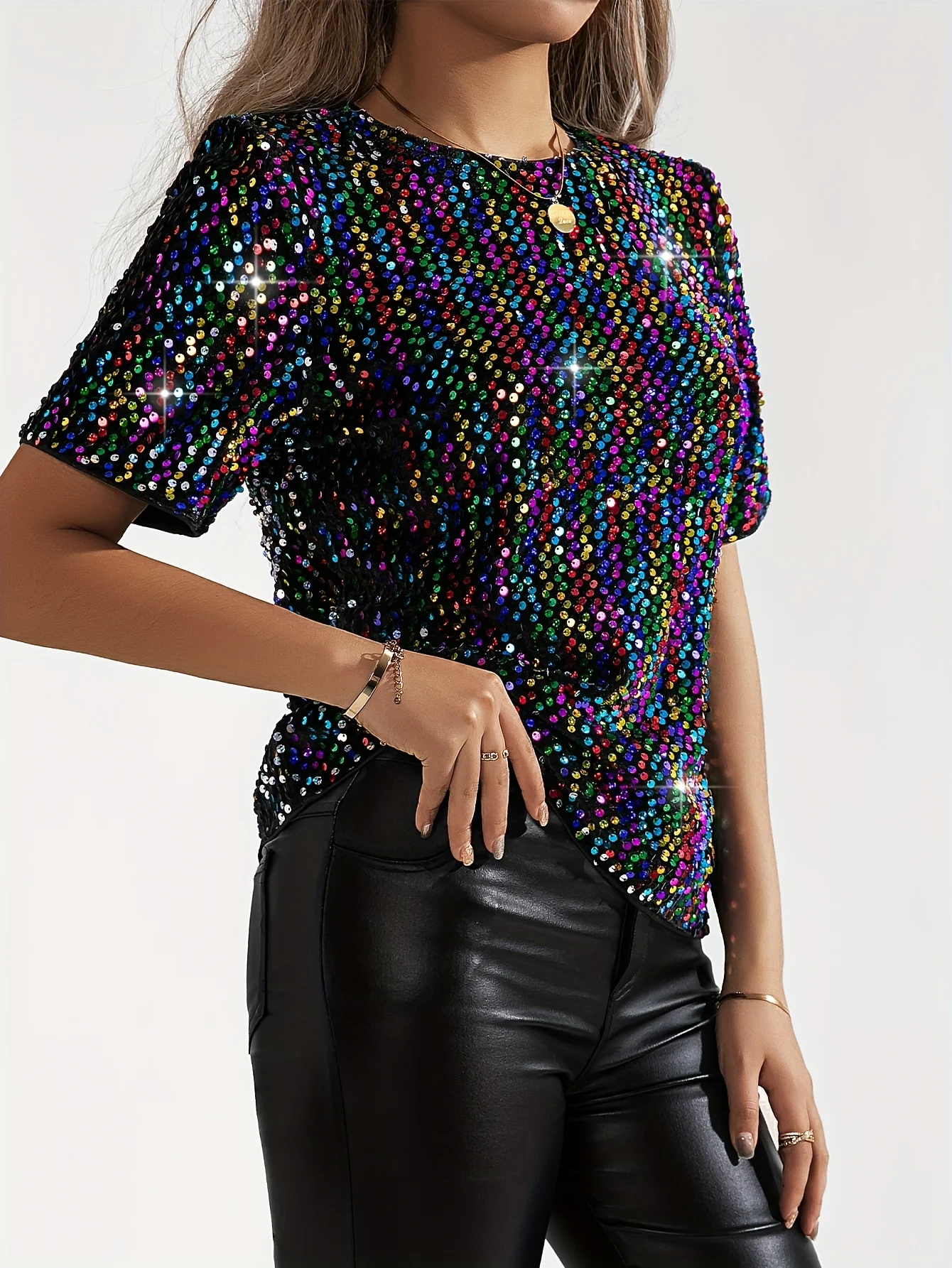 Colorful Sequin Crew Neck Blouse, Elegant Short Sleeve Blouse For Spring & Summer, Women\'s Clothing