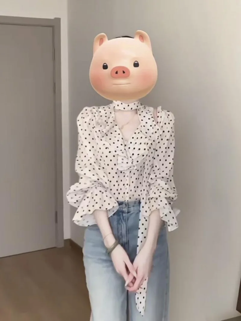 

French Style Ruffled V-neck Polka Dot Shirt Women's Spring and Autumn Chiffon Shirt Top Fashion Female Clothes