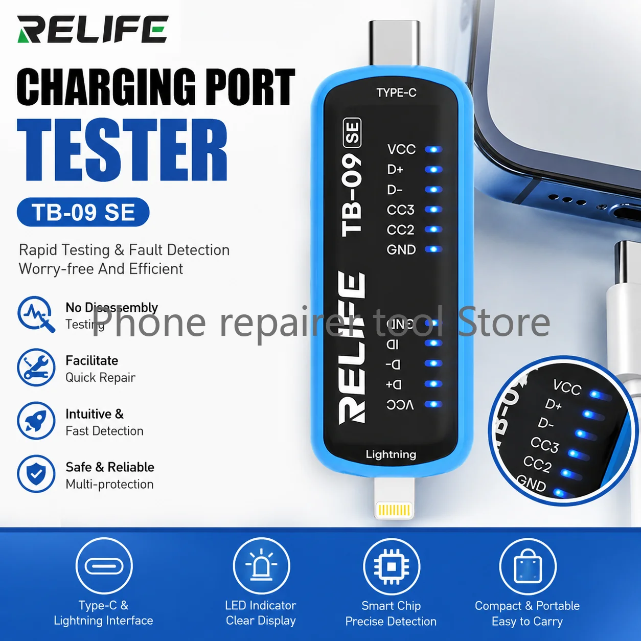 RELIFE TB-09 SE Simple Tail Insertion Tester No need to Disassemble Mobile Phone Test, Quick Fault Location Repair Tool