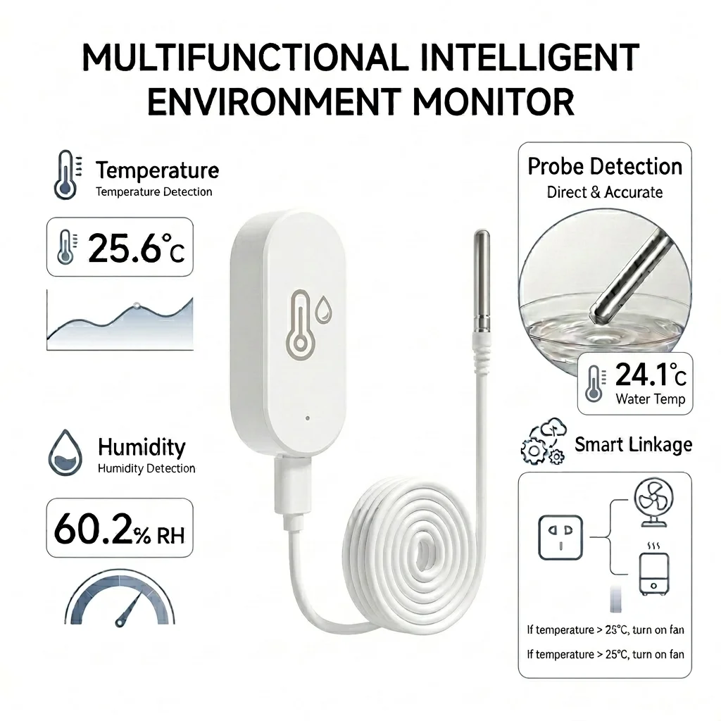 NTC Temperature Humidity Sensor with Probe Liquid Temperature Detection For Indoor and Outdoor Work with Smart Life Tuya Hub Z2M