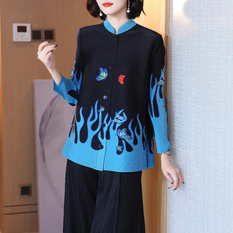 Autumn Top Women\'s New 2023 Shirt Reduced Age Printed Pleated Large Sleeve Women\'s Shirt  jumper  LOOSE