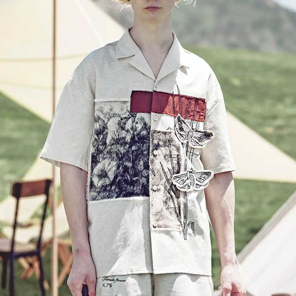 

Men Summer Two-Piece Sets Printed Stitching Butterfly Shirt Shorts Streetwear Fashion Youth Campus All-Match Suit Men'S Clothing