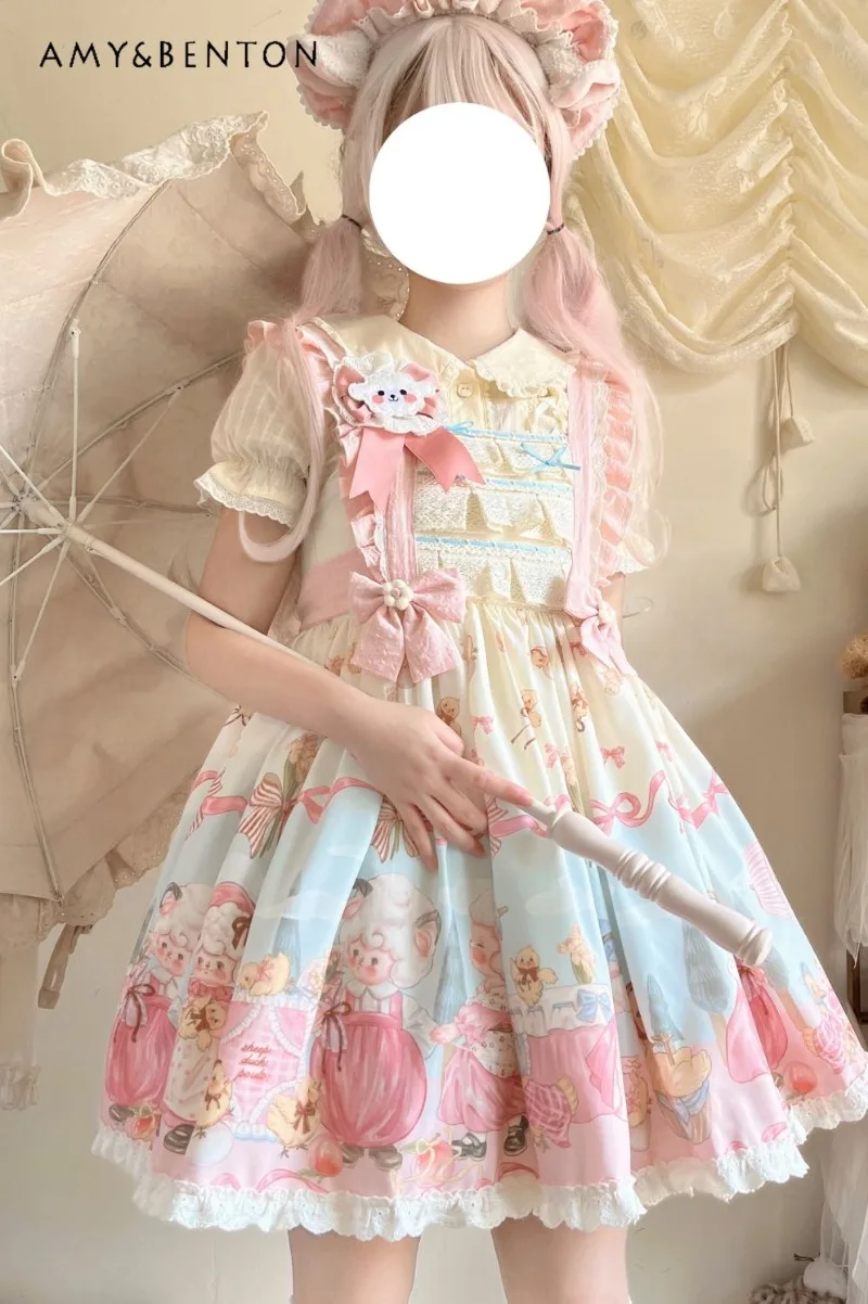 Waltz Evening Party Elegant Temperament JSK Lolita Dresses Sweet Bow Cute Cartoon Print Slim Tutu Dress Princess Dress for Women