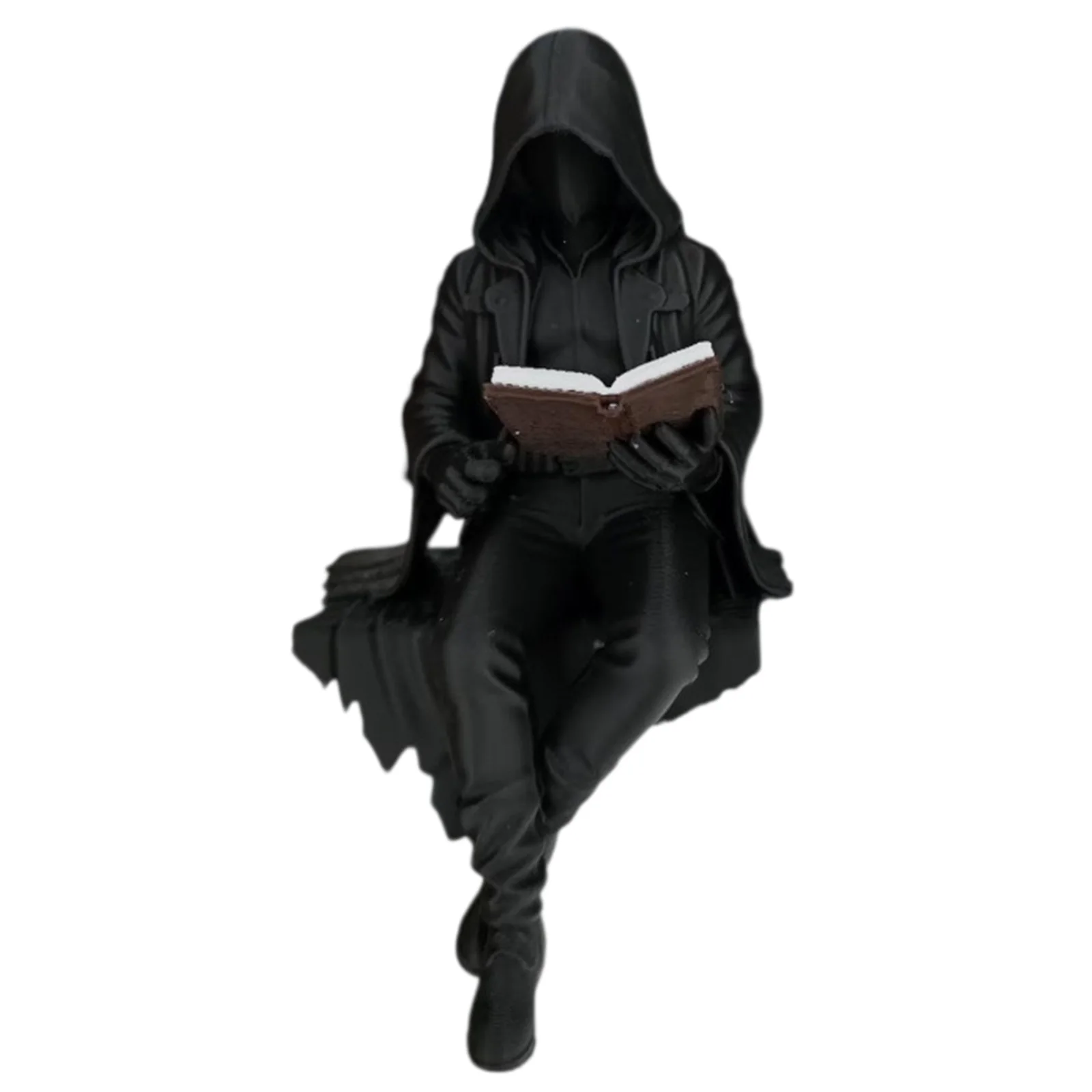 Resin Grim Reaper Mini Figurine with Book Sitting Hooded Ghost Figurine Robe Man Reading Statue for Halloween Home Office Shelf