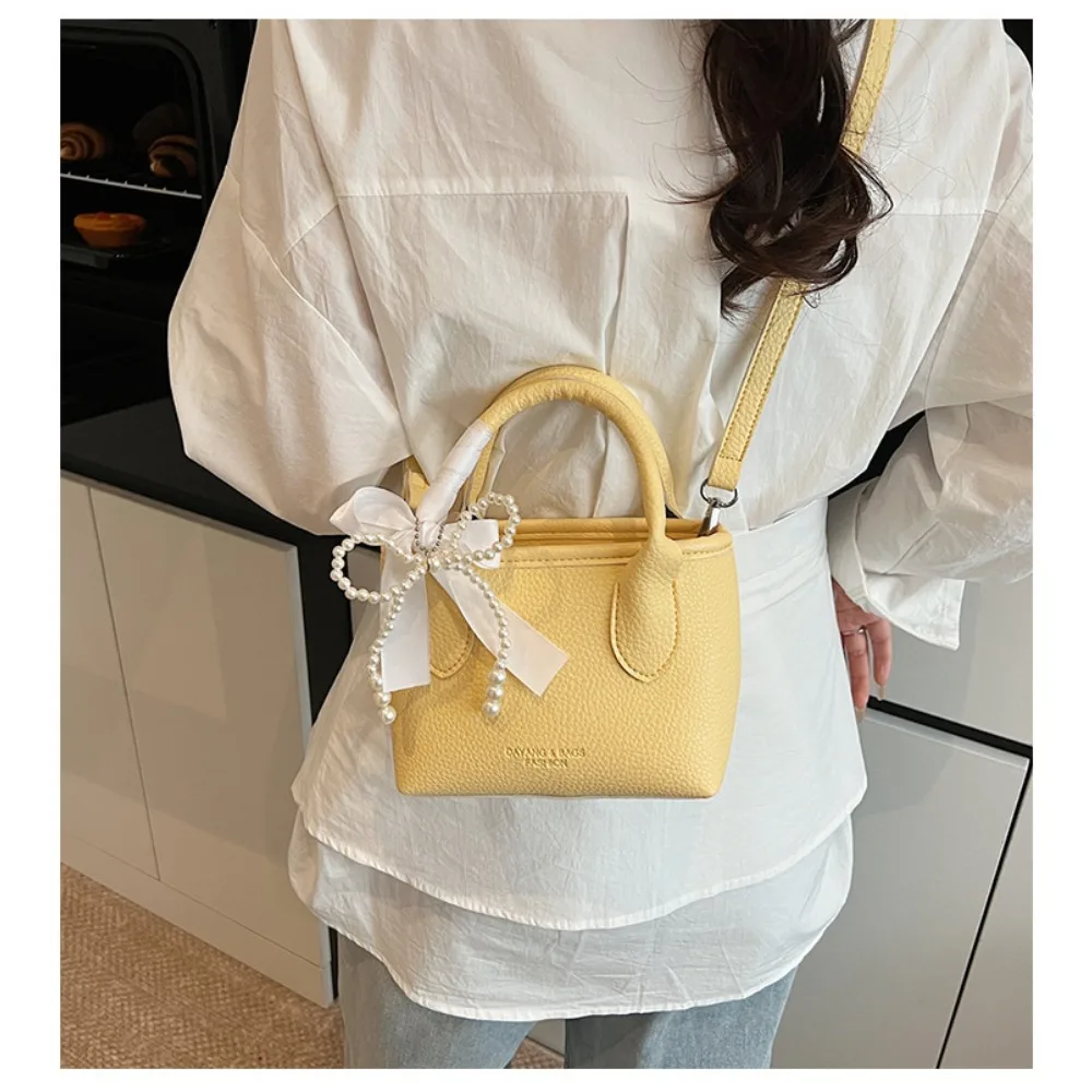 

PU leather square handbag, bow pearl pendant, cute women's single-shoulder bag, commuting crossbody bag