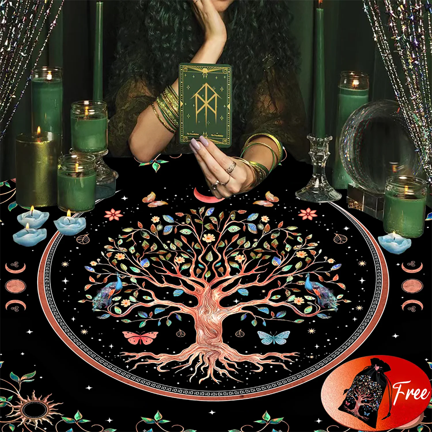 (Free Bag)1pc 29x29In Altar Tarot Card Tablecloth Tree of Life Tarots Game Tablecloth Board Playing Card Mat Velvet Tarots Bag