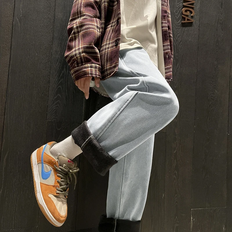 

Мужские зимние утепленные джинсы свободного кроя с флисовой подкладкой, прямые, в американском винтажном стиле, синие, из денима, со средней посадкой, на молнии