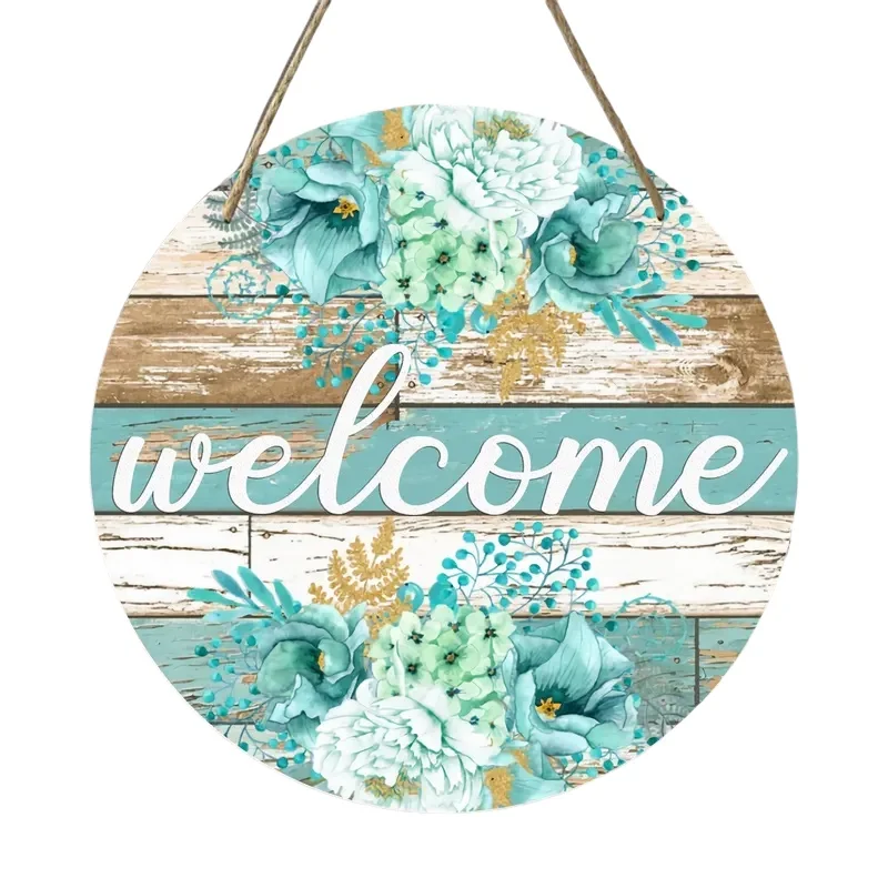 Vintage Mint Green Hydrangea Welcome Acrylic Round Door Hanger Home Decor