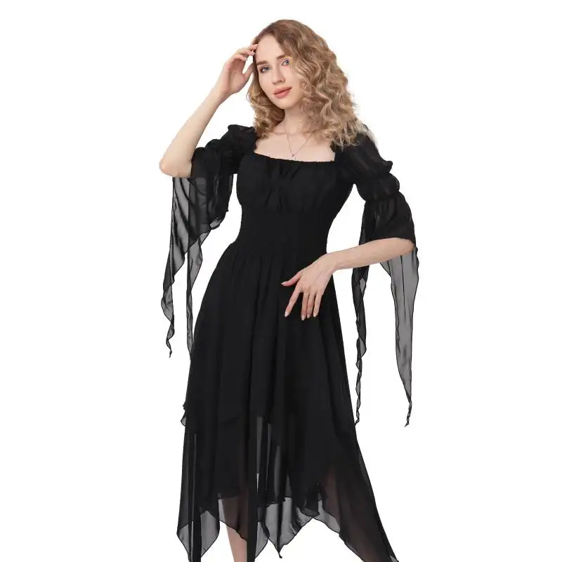 

DAZCOS Halloween Vintage High Low Ruffle Elastic Waist Renaissance Tiered Dress Gothic Victorian Underdress Medieval Ren Faire