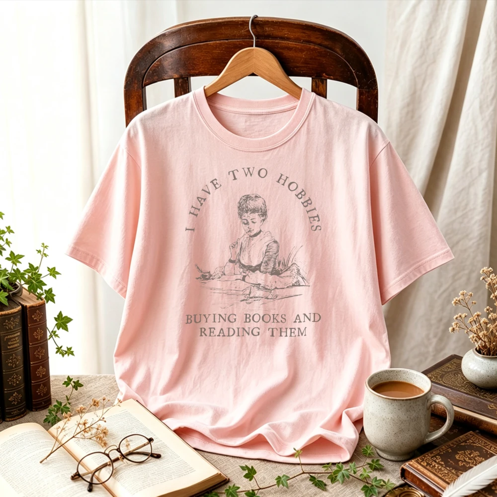 Women I Have Two Hobbies Buying Books and Reading Them Vintage Lady Graphic T-Shirt Book Lover Bookish Cottagecore Casual Tees