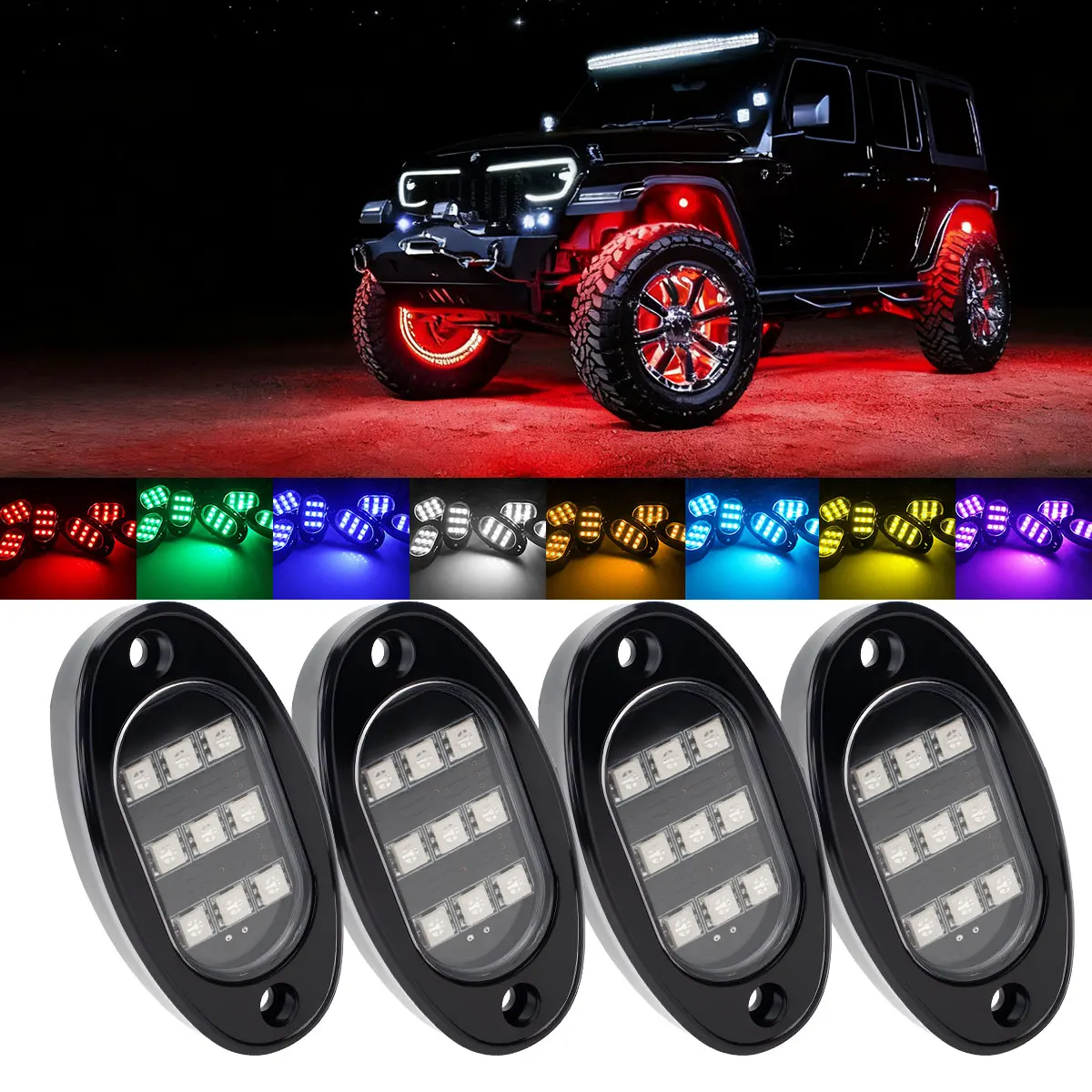 

4 in 1 LED Rock Lights RGB Remote APP Control for Offroad RZR SUV ATV UTV Jeep Neon Underbody Undergolw Decorative Light