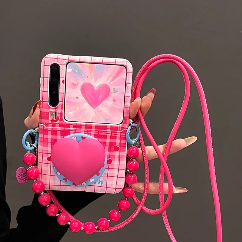 

Cute Magnetic Stand flip Cover for Samsung Galaxy Z Flip5 zflip6 zflip7 Case 3d Heart Style Leather Phone Protective Shell