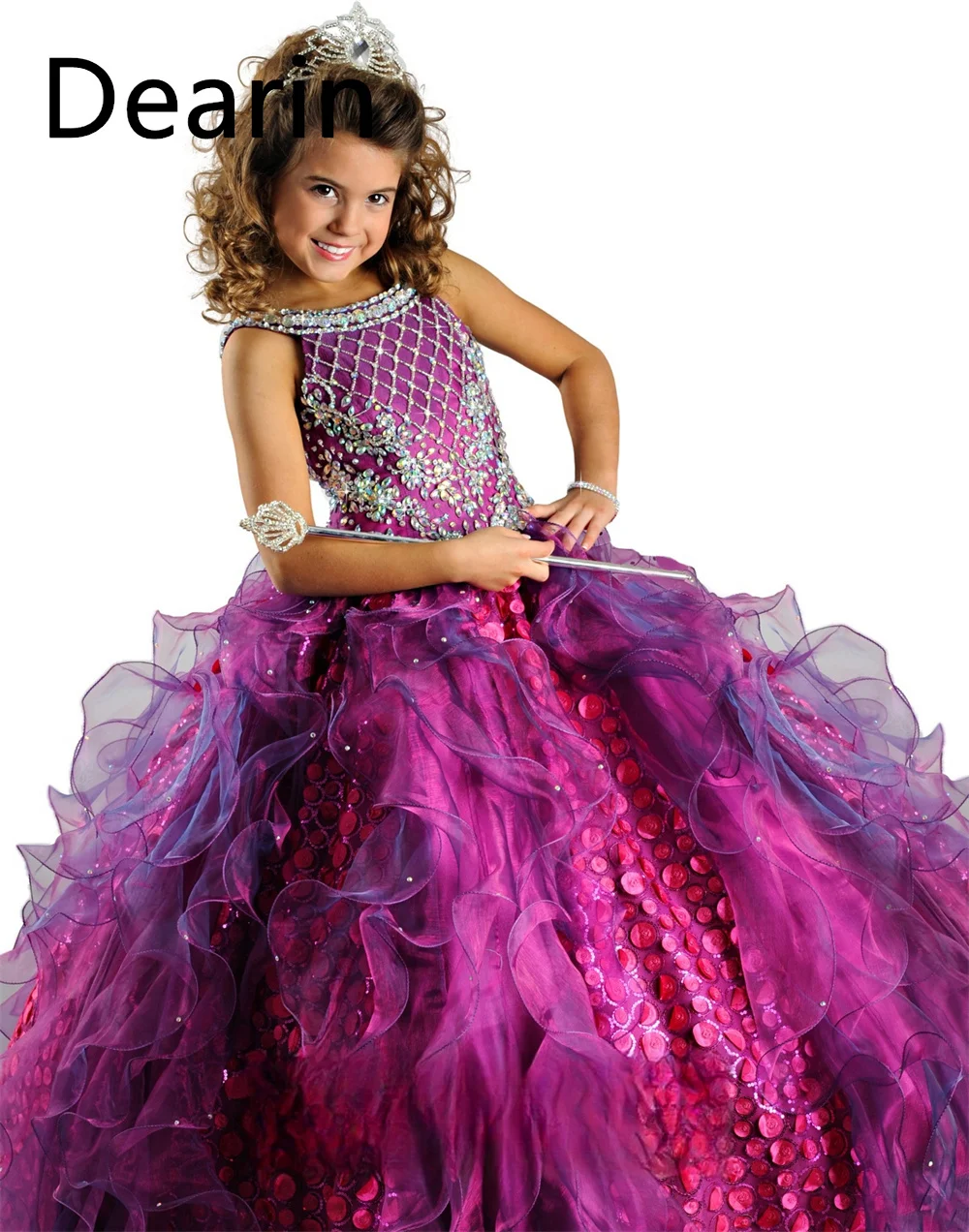 Vestido de menina flor personalizado Dearin ombro cinto linha A até o chão saias tule lantejoulas Es