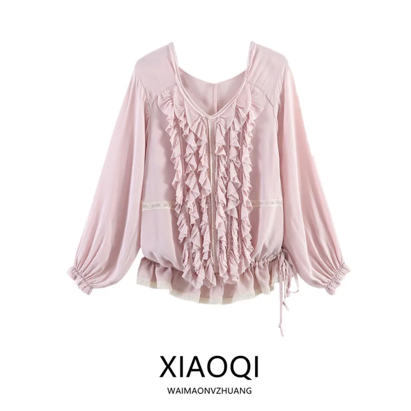 

Весна 2026: Женская свободная многослойная кружевная рубашка универсального дизайна для повседневной носки и офиса, с длинным рукавом, отворотом и эластичными манжетами