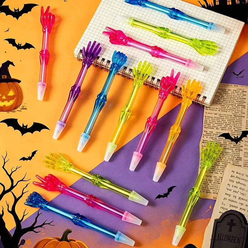 24/12 Pieces of Randomly Assorted Styles Halloween Finger Bone Signature Pens with Black Ink, Skull Hand Shaped Gel Pens, Suitable for Teachers, Office, School Supplies, Halloween Gifts