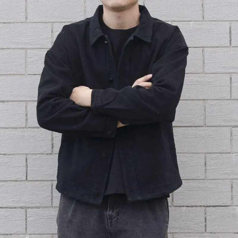 

Retro Japanese Sle Loose Men's Denim Jaet Bla Trendy Outerwear Cotton Workwear Coat for Autumn Faionable And Haome