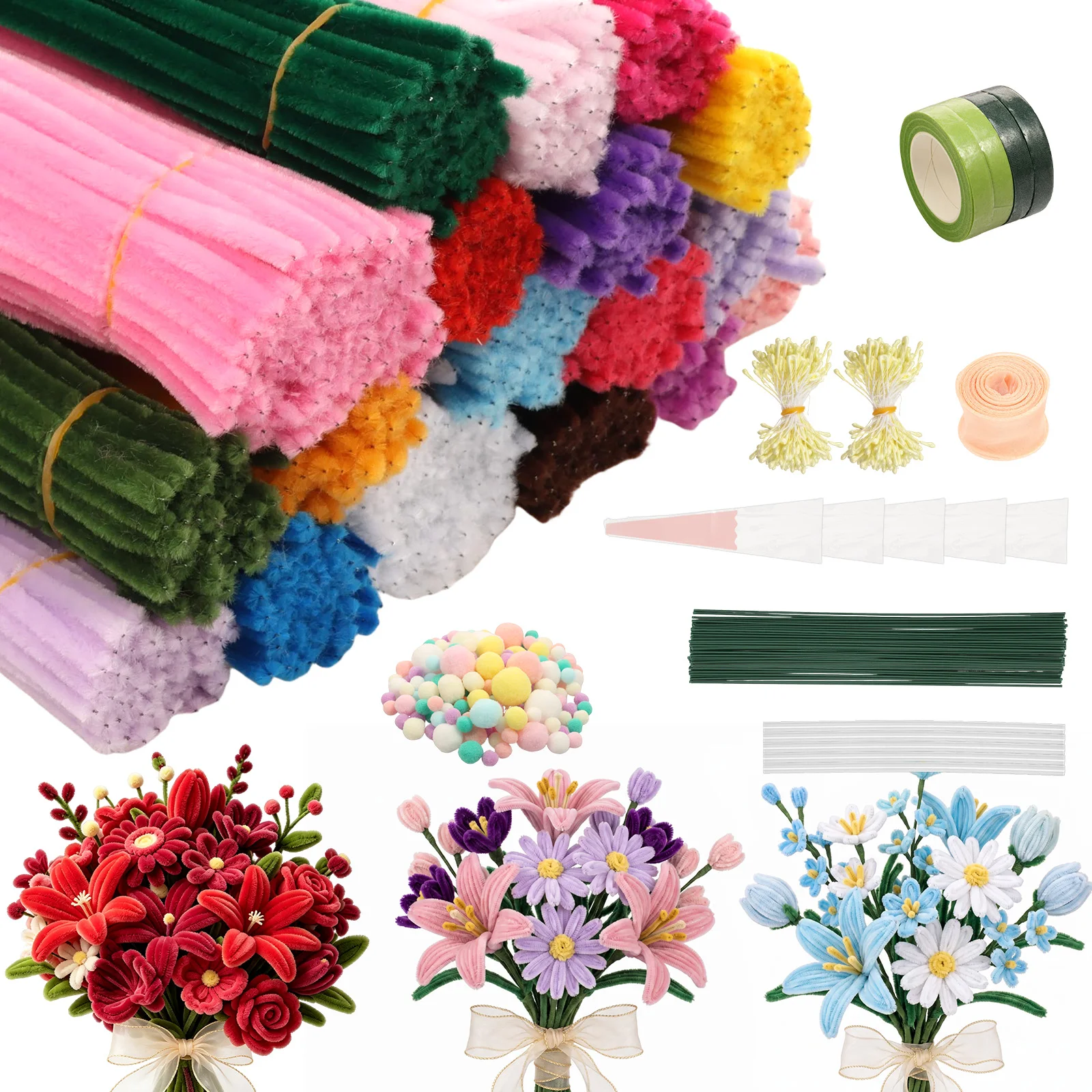 1050Pcs Pipe Cleaner DIY Flower Craft Kit 18 Colors Chenille Stem Set with Floral Tape Stem and Accessories DIY Handmade Bouquet