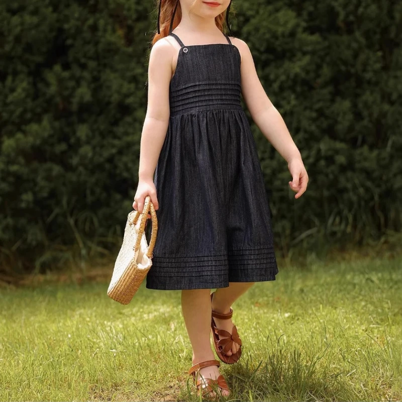 Girls' Dress 2025 Summer New Style Little Girls' Vacation Wrinkle Style Strap Children's Dresses