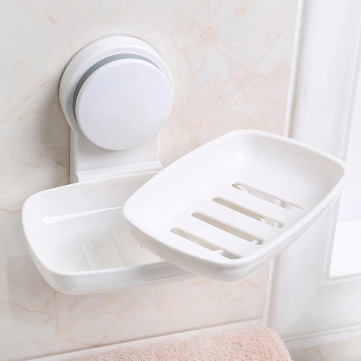 

Strong Suction Cup Wall Mounted Soap Dish Holder Hard Plastic for Bathroom Kitchen Soap Saver with Removable Draining Tray