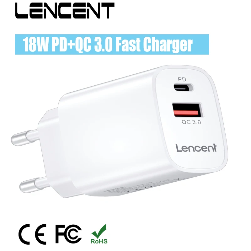 LENCENT PD 18W USB Charger Quick Charge QC 3.0 Fast Phone Wall Charger Adapter For iPhone 12-8 Series iPad Pro Galaxy Huawei