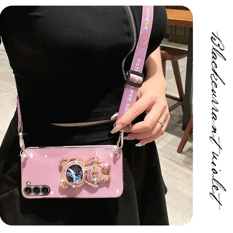 Crossbody Lanyard Quicksand Space Bear Plating Case for Samsung Galaxy A16 A06 A26 A36 A56 5G Silicone Cover