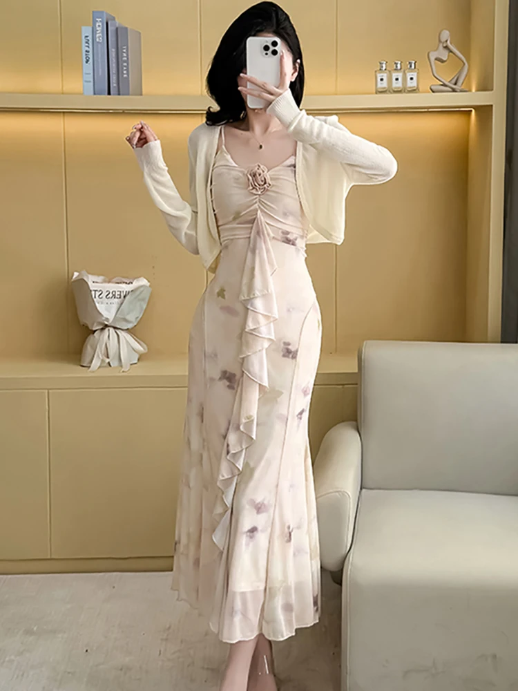 Robe à bretelles Chic en mousseline de soie imprimée pour femmes + Cardigan blanc, ensembles deux pièces, nouvelles robes de soirée de luxe élégantes coréennes, été 2025