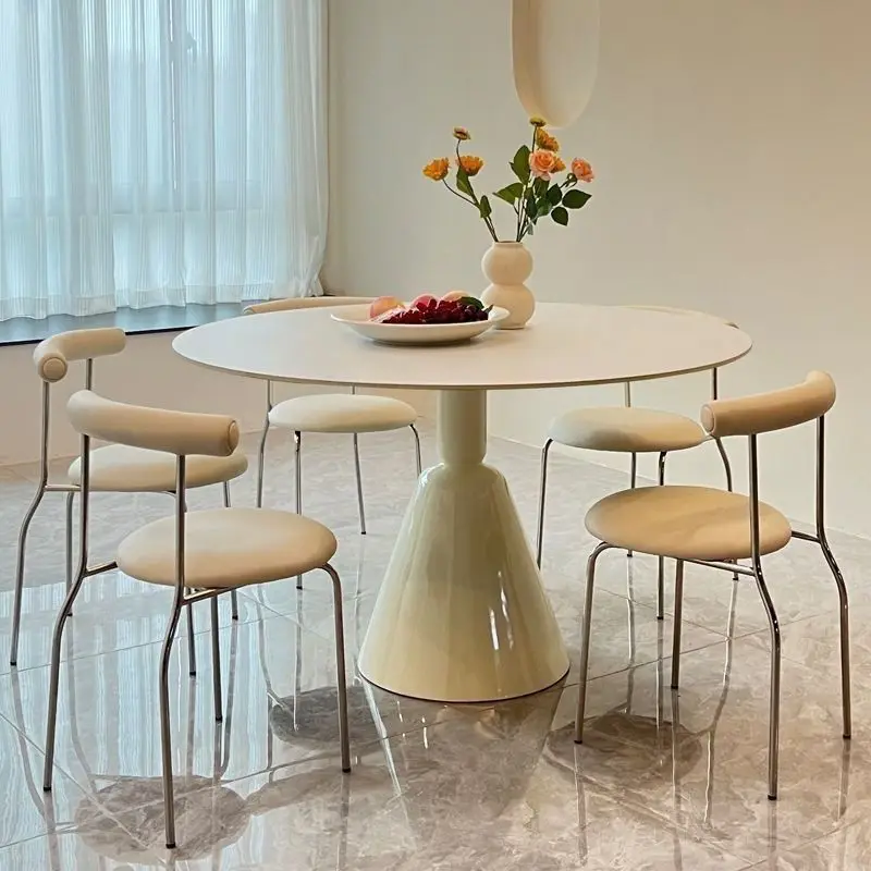 

French cream style, pure white rock slab dining table, household dining table and chairs