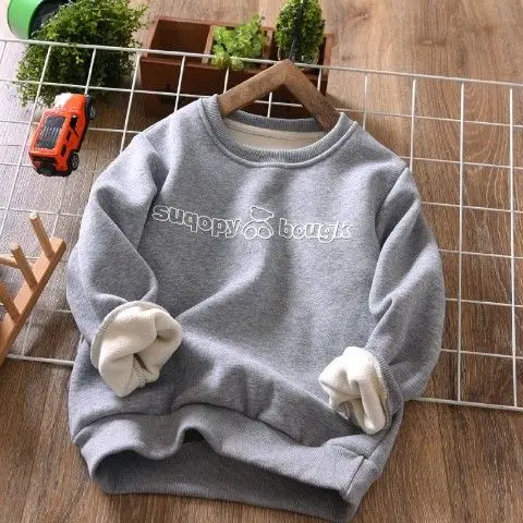 Boy's Hoody Autumn and Winter 2022 New Bear Letter Crew Neck Single-Layer Fleece-Lined Thickened Children's Bottoming Shirt