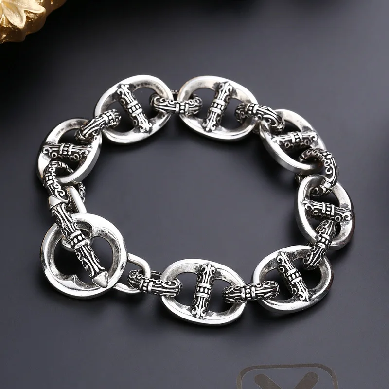 S925 sterling silver bracelet men's thick horseshoe chain thai silver retro distressed trendyy personalized rock jewelry