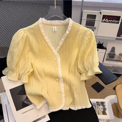 Summer New Korean Short Sleeve Blouses Women's Patchwork Ruched Contrast Color Ruffles Short V-neck Button Commute Chiffon Shirt