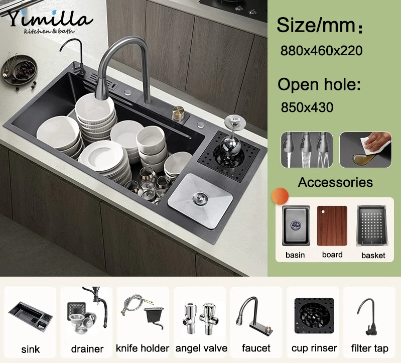 New Design Large Size Handmade Waterfall Kitchen Sink Stainless Steel Sinks Function Kitchen Multi-functional Sink