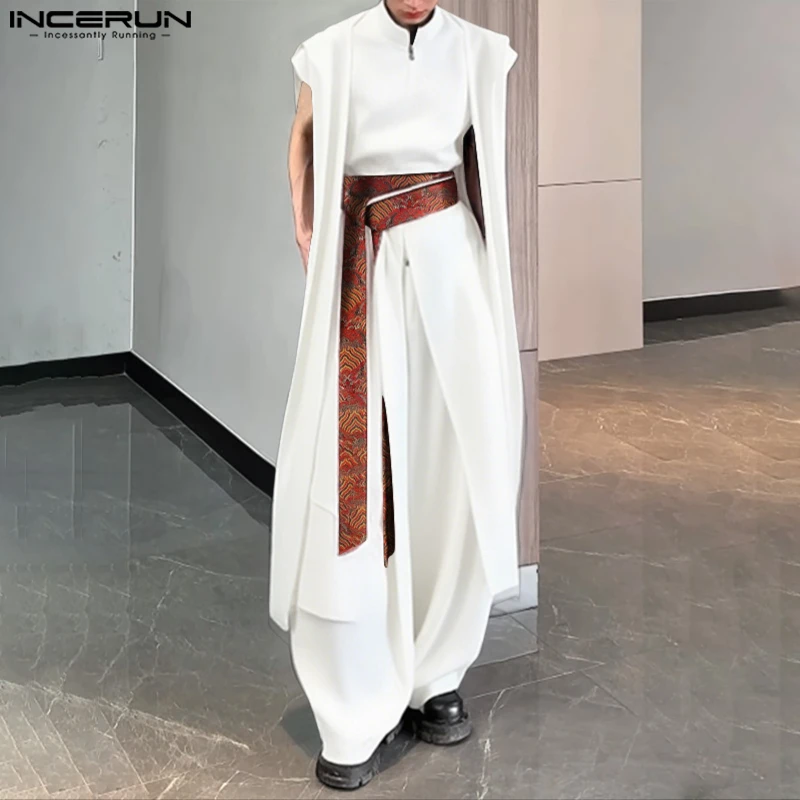 INCERUN Men Shirt Printing Patchwork Stand Collar Sleeveless Long Style Irregular Shirts Streetwear Fashion Casual Men Clothing