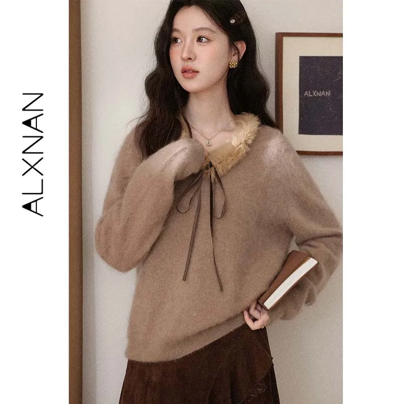 ALXNAN Women Autumn Winter Wool Sweater 2026 New Arrival Furry Collar Ribbon Tie Loose Fit Elegant Pullover Knit Tops L60125