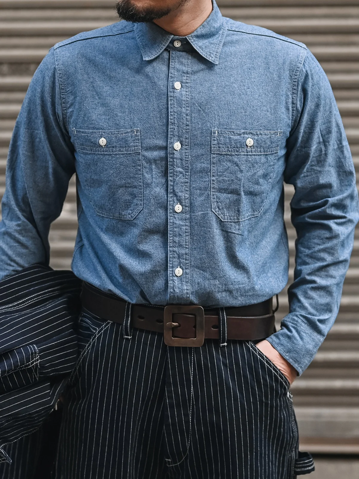 Classic 50s Double Pocket Youthful Cloth Long Sleeve Chambray Workwear Shirt Standard Fit Lightweight Spring 2024 Casual Shirt