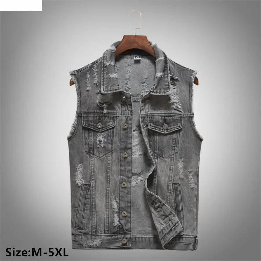 New  Men's Spring Autumn Denim Vests Handsome Motorcycle Waistcoat Fashion Korean Style Casual Sport Vest Coats Big Size 5XL