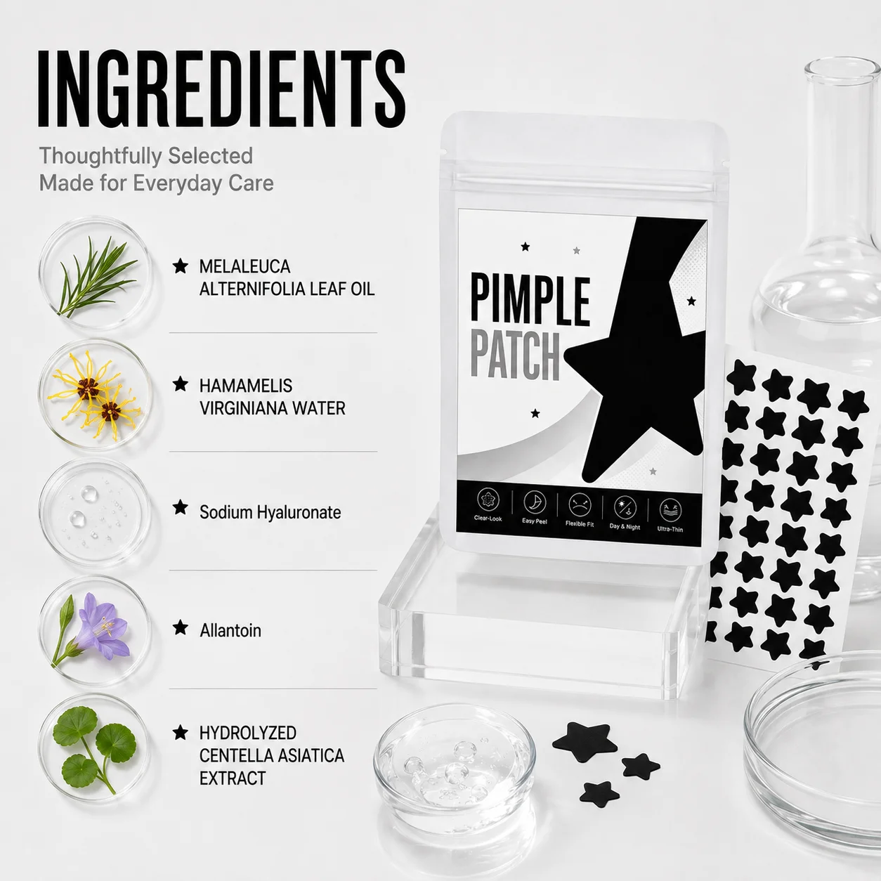 600pcs Mixed-Size Star-Shaped Pimple Patches, Black Decorative Face Stickers, Ultra-Thin, Day & Night, Photo-Ready