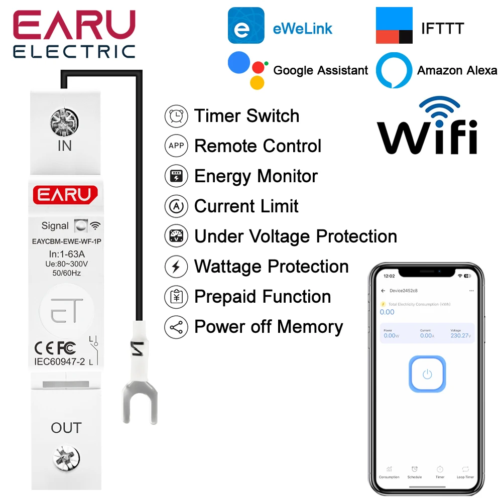 1P Din Rail WIFI Smart Energy Meter Power Consumption kWh Meter Circuit Breaker Time Timer Switch Relay Voltmeter for Smart Home