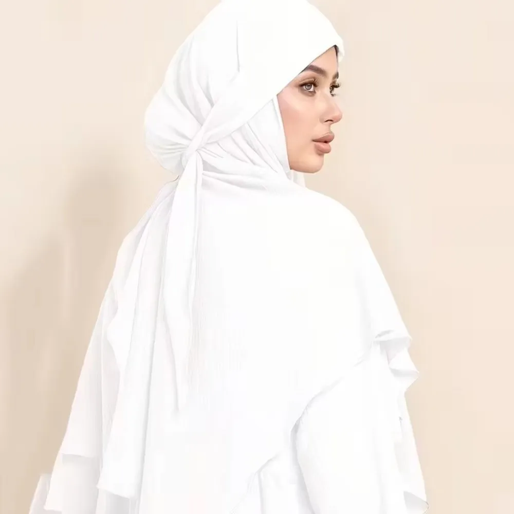 Solid Color Elegant Muslim Head Covering Long Ready to Wear Prayer Headscarf Tie Closure Breathable Islamic Hijab for Women