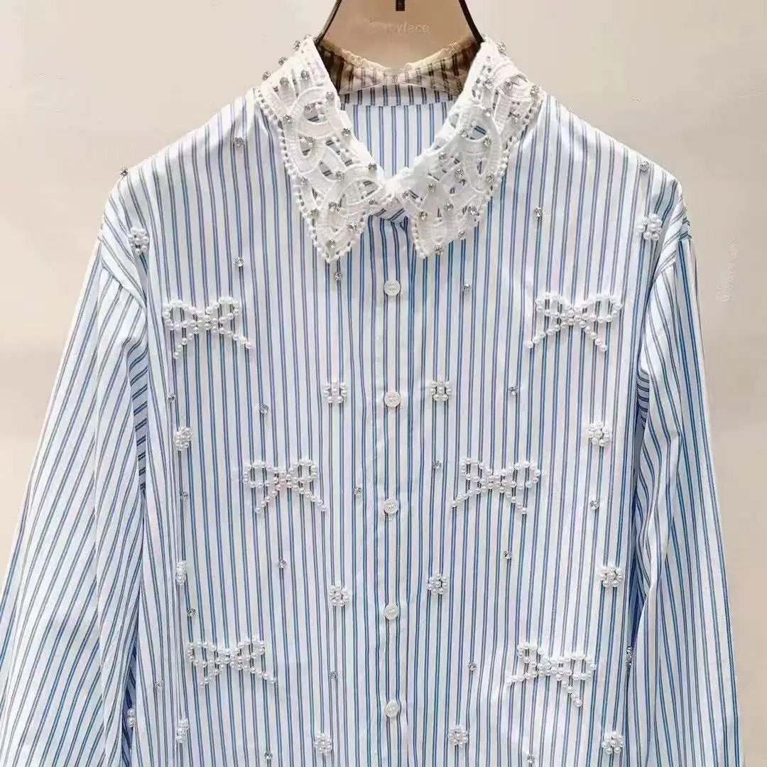 Luxury Style Pears Beads Stitch Blouses Stripe Shirts Blouses Women 2025 Spring Summer Trend Long Sleeve Loose Casual Top Blusas