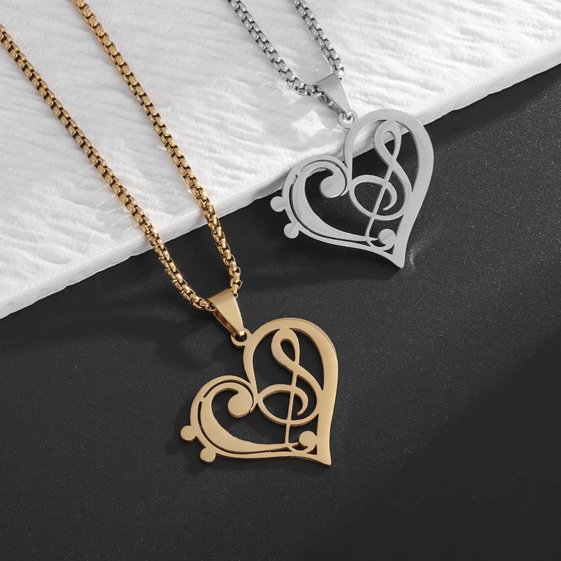 Stainless Steel Romantic Heart Music Symbol Pendant Necklace for Men Women Hip Hop Band Concert Jewelry Couple Gift