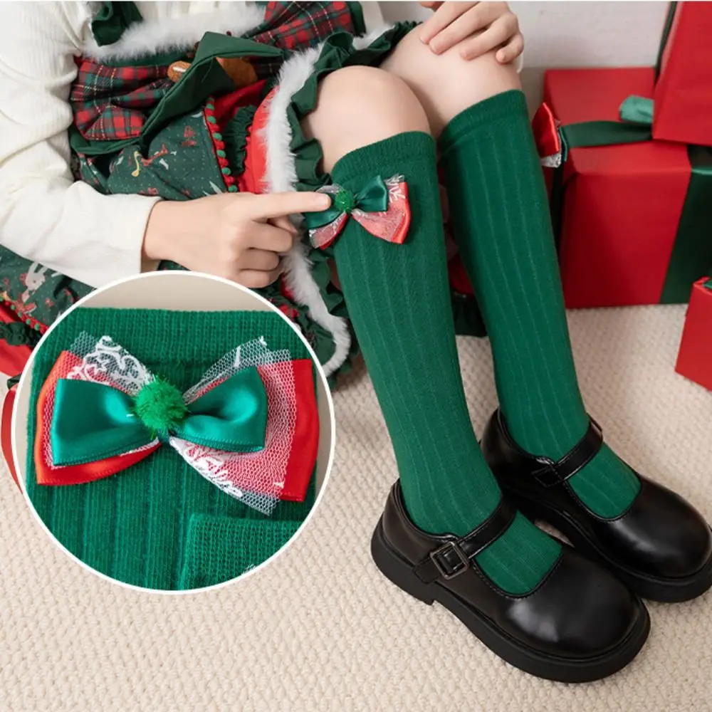 Kawaii Middle Tube New Year Red Socks Green Cotton Bow Hosiery for Thicken Sweet Sleeping Socks Home Socks