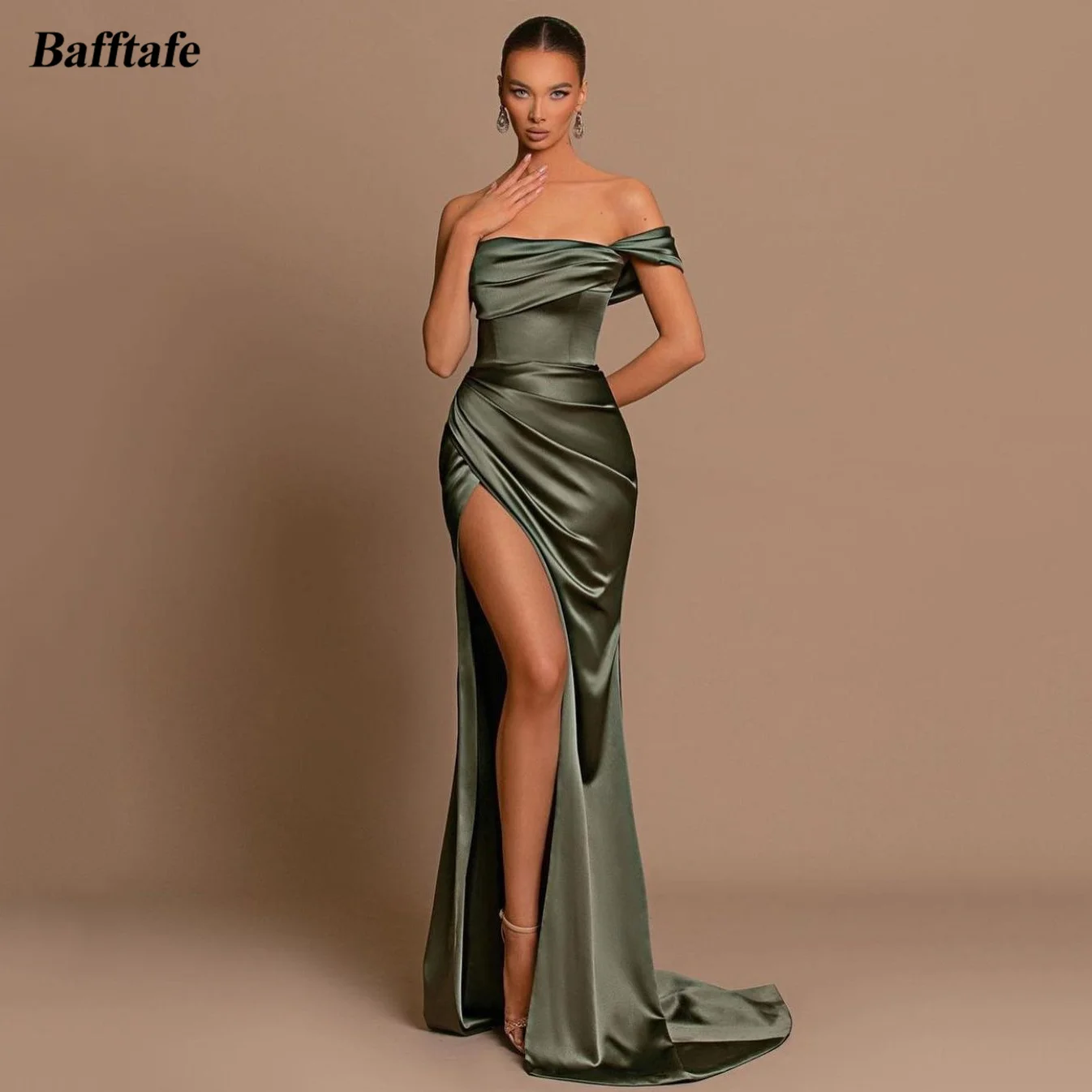 

Bafftafe Elegant Mermaid Stretch Satin Prom Dresses Women Pleated One Shoulder Split Formal Evening Party Gowns Bridesmaid Dress