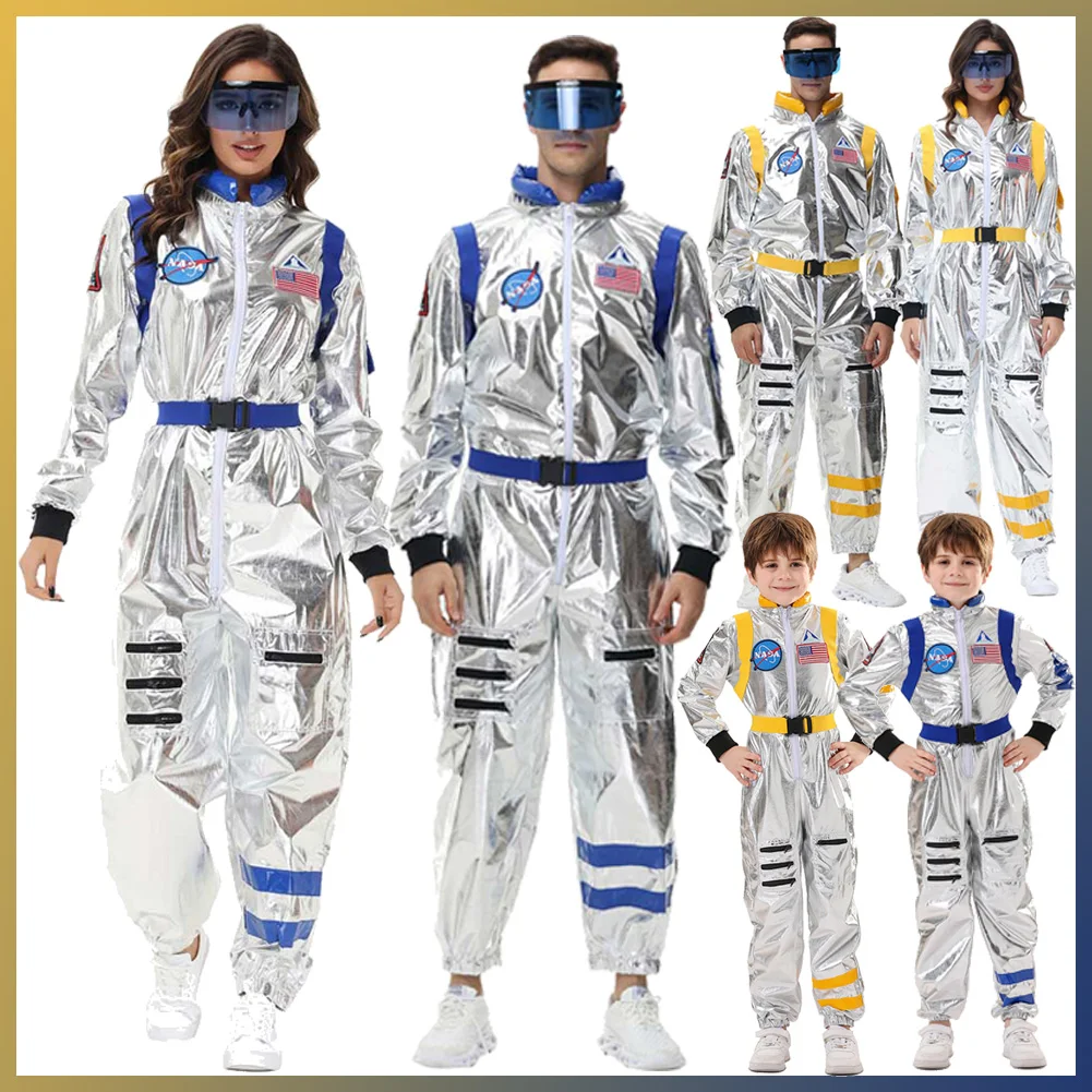 Adult Kids Astronaut Cosplay Parent-Child Performance Costume Blue Yellow Two Colorful Jumpsuit Belt Outfit Halloween Party Suit