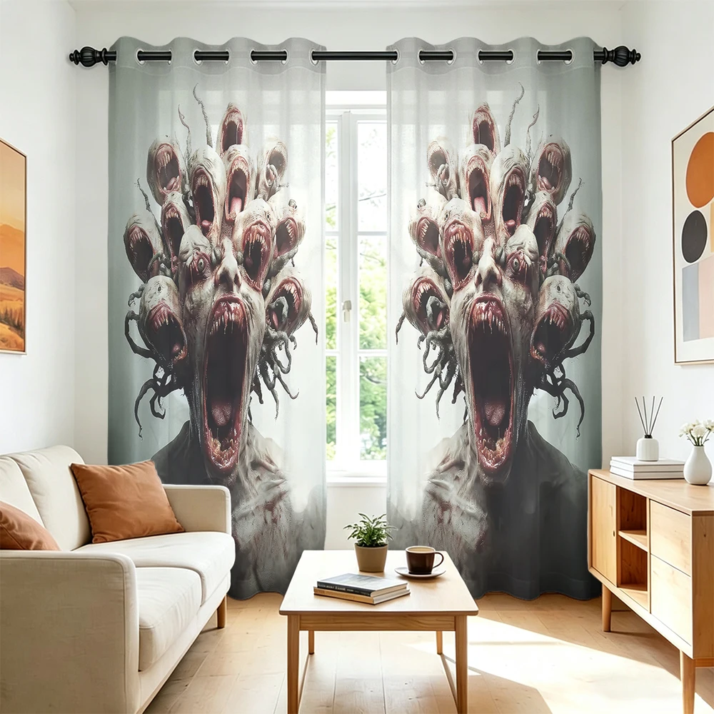 2Pcs Perforated Blackout Curtain Light Block Privacy Drape Living Bedroom Halloween Double Head Monster Horror Window Decor