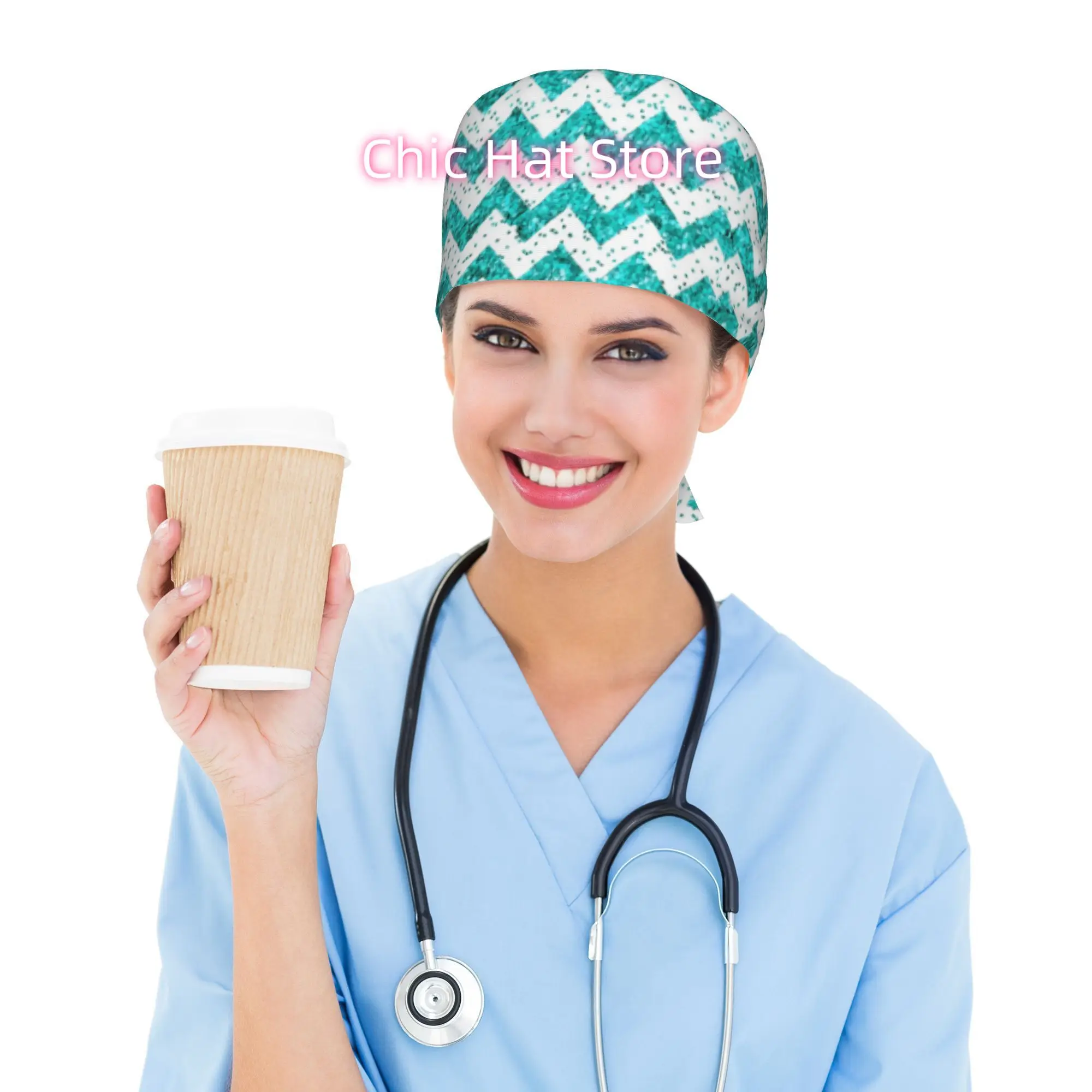 Turquoise Glitter Confetti Chevron Work Cap for Nurses & Chefs - Adjustable Lace-Up Closure, Lightweight Breathable Uniform Cap