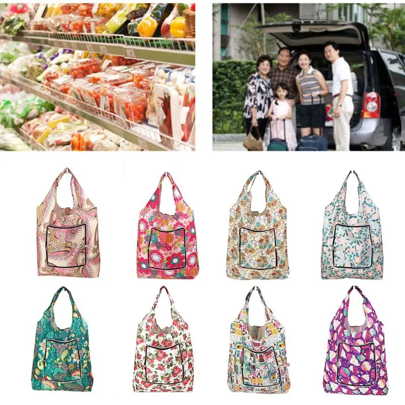 Foldable Handy Shopping Bags Printing Reusable Tote Pouch Recycle Storage Handba