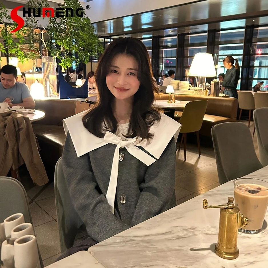 

Японский сладкий серый искусственный двухсекционный свободный вязаный кардиган, куртка на весну и осень, новое женское повседневное базовое вязаное пальто, топ